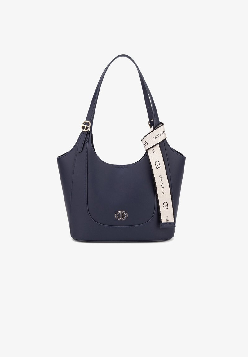 Borsa a tracolla in ecopelle blu navy con forma curva, logo dorato e cinturino decorativo che presenta la scritta "CHRISBELLA" in testo beige.