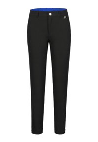 Pantaloni neri con vestibilità slim, caratterizzati da una texture morbida, una vita interna blu e una chiusura a un bottone.
