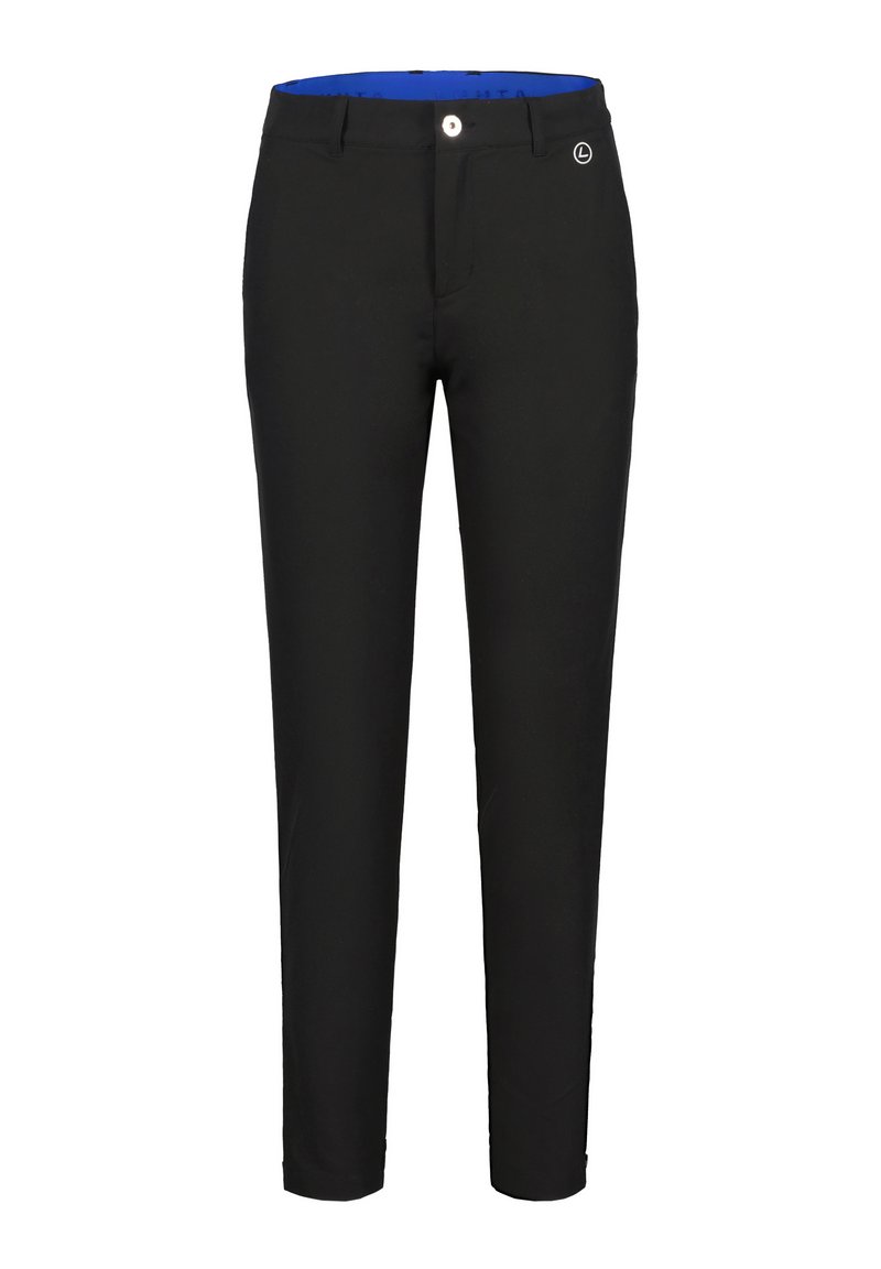 Pantaloni neri con vestibilità slim, caratterizzati da una texture morbida, una vita interna blu e una chiusura a un bottone.