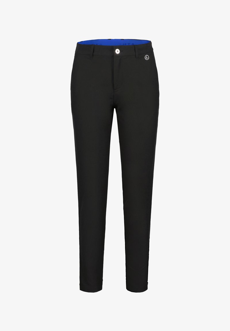 Zwarte broek met een slim fit, voorzien van een gladde textuur, een blauwe binnenband en een enkele knoopsluiting.