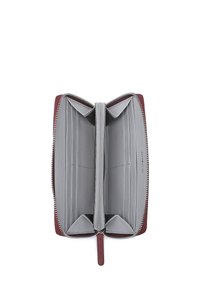 Red leather wallet with a zip closure, featuring gray interior compartments, card slots, and a center zip pocket for coins.