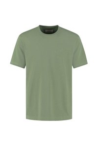 Camiseta de algodón verde claro con un diseño clásico de cuello redondo, mangas cortas y un pequeño logo en el pecho. Textura suave y estilo minimalista.