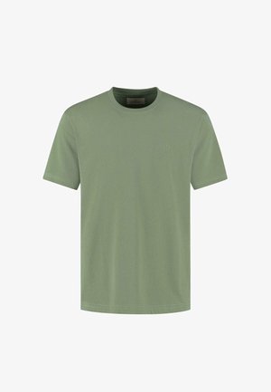 Lichtgroene katoenen T-shirt met een klassiek ronde halsontwerp, korte mouwen en een klein logo op de borst. Glad textuur en minimale stijl.