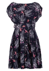 Navy floral dress with short sleeves, gathered waist, and flowing skirt. Features pink and green botanical and bird patterns on soft fabric.