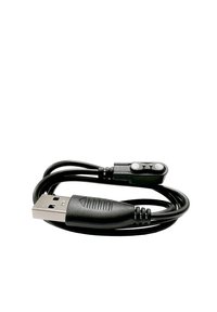 Black USB cable with a textured rectangular connector, featuring a small button and two metal contacts on the opposite end.