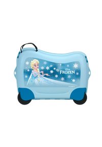 Maleta infantil de color azul claro con un diseño de personaje de dibujos animados que presenta a Elsa de Frozen, ruedas negras y un asa lateral para un fácil transporte.