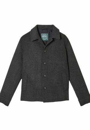 Gray wool blend jacket with a collared neck, button closure, and two side pockets. Features a subtle herringbone pattern.