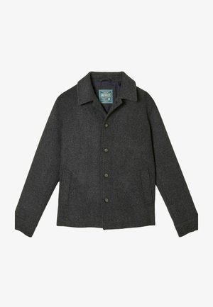 Gray wool blend jacket with a collared neck, button closure, and two side pockets. Features a subtle herringbone pattern.