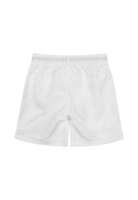 Białe szorty sportowe z elastycznym pasem i gładkiego, lekkiego materiału. Projekt jest prosty, bez widocznych logo lub wzorów.
