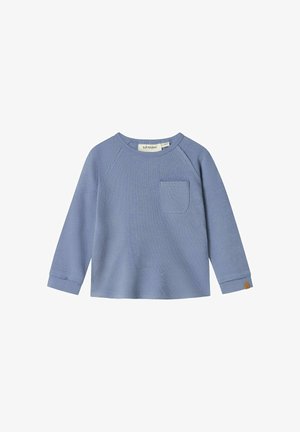 Lyseblå langærmet sweater med rund halsudskæring, frontlomme og ribbede manchetter. Fremstillet af blødt, tekstureret stof.