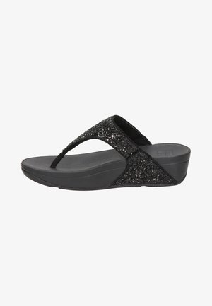 Black flip-flop sandal with a shiny glitter strap, a cushioned sole, and elevated wedge design, offering texture contrast and support.