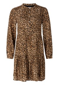 Vestido de estampado de leopardo, de manga larga, cuello redondo, con placket de tres botones, diseño en capas, tejido suave, tonos de marrón y negro en todo.