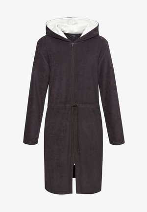 Dunkelgrauer, bodenlanger Bademantel aus weichem Frottee-Stoff. Verfügt über einen Reißverschluss vorne, einen verstellbaren Kordelzug in der Taille und eine kontrastierende weiße Kapuze.