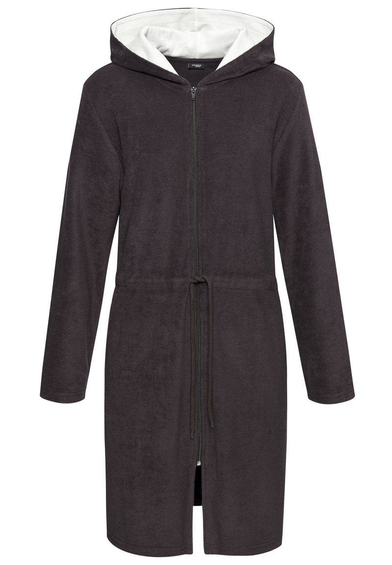 Temno siva, dolga halja iz mehkega frotirja. Ima zadrgo spredaj, pas z vrvico in kontrastno belo obrobo kapuce.
