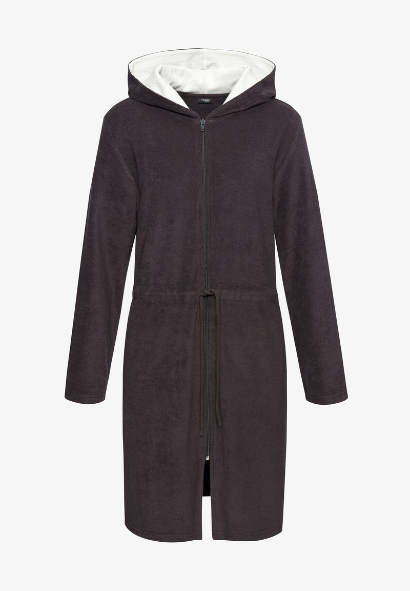 Temno siva, dolga halja iz mehkega frotirja. Ima zadrgo spredaj, pas z vrvico in kontrastno belo obrobo kapuce.