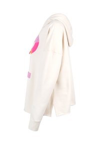 Cremefarbener Hoodie mit rosa und orangefarbenen grafischen Details. Weiches, texturiertes Material, lockere Passform, Kängurutasche und gerippte Bündchen.