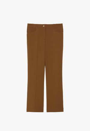 Pantaloni marroni a gamba dritta realizzati in tessuto morbido, con chiusura frontale con bottoni, passanti per cintura e due tasche laterali. Tessuto liscio, senza motivi.