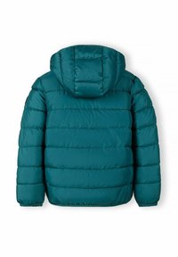 Teal pufferjacka med huva, med quiltade sektioner och elastiska ärmslut. Slät textur och kompakt design för värme.