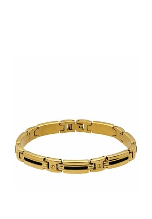 Bracelet en or avec des maillons rectangulaires et des incrustations noires, disposé en forme circulaire sur un fond blanc uni.