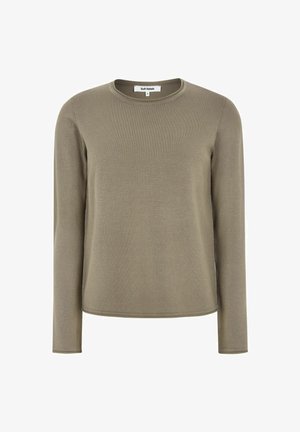 Olivenfarbener Langarm-T-Shirt aus weichem Material, mit Rundhalsausschnitt und geradem Schnittdesign sowie minimalen Nähdetails.