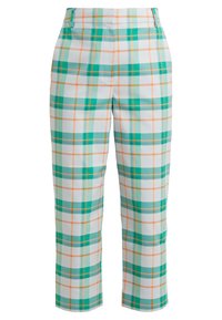 Spodnie w kratę w kolorach zielonym, pomarańczowym i białym. Wykonane z gładkiego materiału, o skróconym kroju z płaskim przodem i pętelkami na pasek.