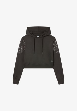 Czarna krótka bluza z kapturem, z wiązaniem i świecącymi, wzorzystymi łatkami na górnych rękawach, z małym okrągłym logo blisko talii.