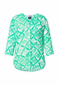 Grün-weiße Bluse mit einem Muschelmuster, V-Ausschnitt, Dreiviertelärmel und einer Brusttasche. Hergestellt aus leichtem, strukturiertem Stoff.