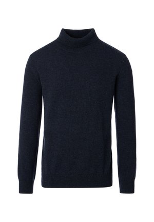 Dark navy turtleneck sweater made from a soft, textured knit material. Features long sleeves and ribbed cuffs and hem for a snug fit.