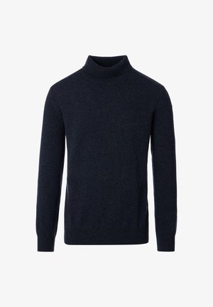 Dunkelblaues Rollkragenpullover aus einem weichen, strukturierten Strickmaterial. Hat lange Ärmel und gerippte Bündchen sowie einen Saum für eine enge Passform.