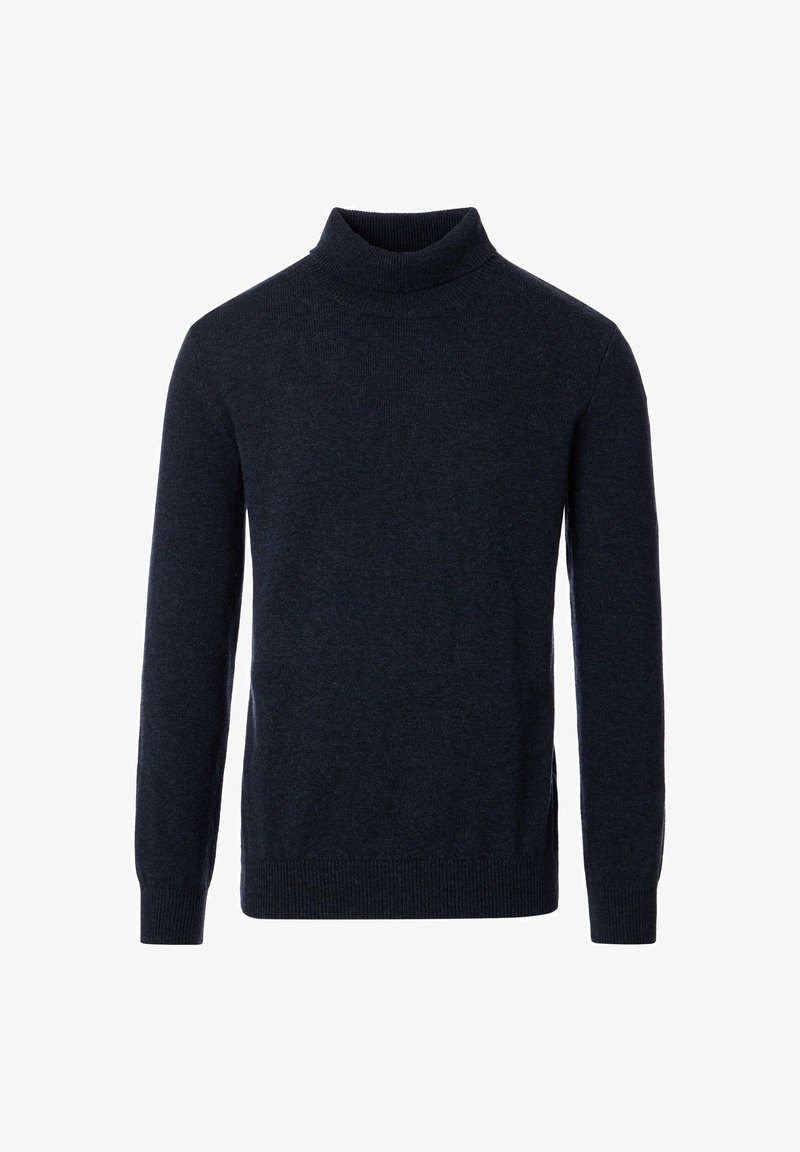Dark navy turtleneck sweater made from a soft, textured knit material. Features long sleeves and ribbed cuffs and hem for a snug fit.