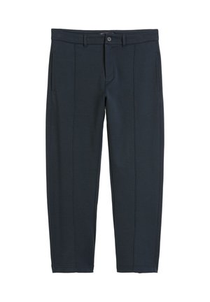 Dunkelmarinefarbene, elastische Stoffhosen mit strukturierter Oberfläche, die über vordere Taschen, einen Knopfverschluss und vertikale Nahtdetails verfügen.