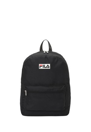 Black Fila backpack with a front zip pocket, top carry handle, and main compartment zipper visible on a plain white background.