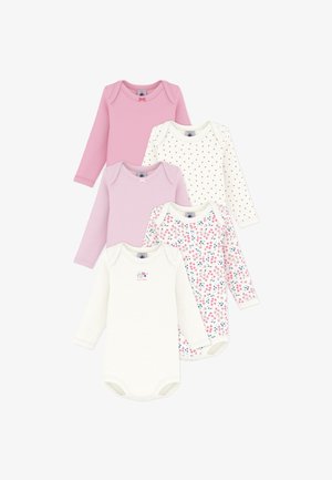 Viis pika varrukaga beebibodi: kaks roosat, üks valge punaste täppidega, üks valge värvilise lillemustriga ja üks valge lilletikandiga.