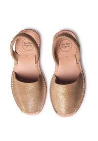 Bronze suede sandals with an open toe design, ankle strap, and stitched detail. Size 37 marked on the insole.