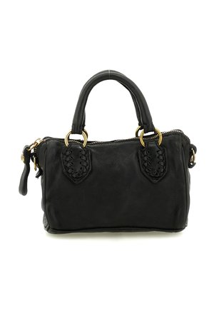 Borsa a tracolla in pelle nera con doppi manici rotondi, anelli in metallo dorato, cerniera superiore e dettagli intrecciati in pelle vicino agli attacchi dei manici.