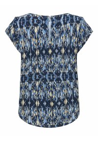 Top a maniche corte con un motivo astratto blu, beige e navy, dotato di una cerniera posteriore e orlo arrotondato. Realizzato in tessuto leggero.