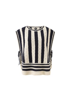 Haut sans manches en maille avec des rayures verticales noires et blanches, des liens sur les côtés et un col rond.