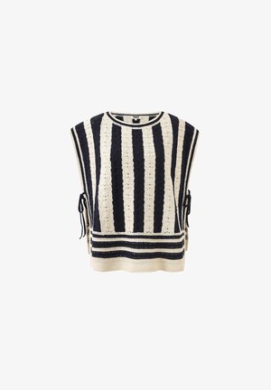 Haut sans manches en maille avec des rayures verticales noires et blanches, des liens sur les côtés et un col rond.