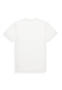 Camiseta de algodón blanca de manga corta con cuello redondo y dobladillo recto. Textura suave, sin patrones ni gráficos visibles.