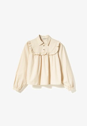 Beige bluse med striper, volangkrage, lange ermer og knappeåpning. Har en løs passform og myk stofftekstur.