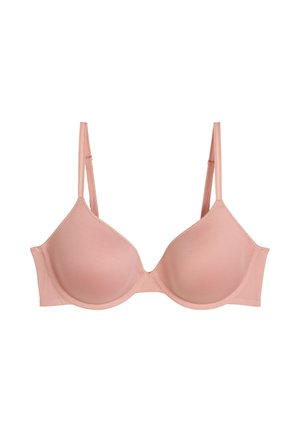 Sujetador rosa claro acolchado con aros, tirantes ajustables y tela suave sobre un fondo blanco.