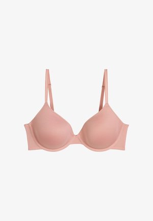 Reggiseno imbottito color rosa chiaro con ferretto, spalline regolabili e tessuto liscio su sfondo bianco.