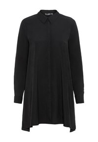 Musta pitkähihainen paita, jossa on kaulus, edessä napitettu kiinnitys, sileä pintakuosi ja hieman kaareva helma rennon istuvuuden saavuttamiseksi.