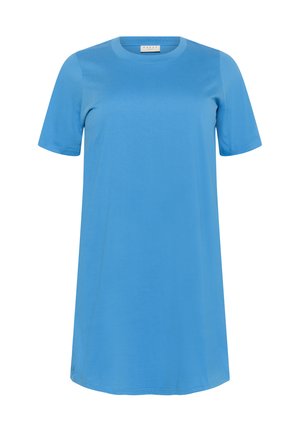 Short-sleeved blue t-shirt dress made of soft material, featuring a round neckline and relaxed fit, with a straight hemline, no patterns.