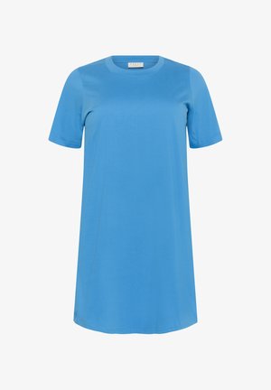 Vestido de camiseta azul de manga corta hecho de material suave, con cuello redondo y corte holgado, con un dobladillo recto, sin patrones.