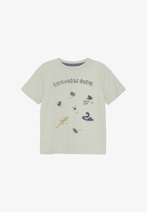 Helles graues T-Shirt mit dem Text "Entdeckungsleiter" und illustrierten Insekten und Reptilien in verschiedenen Farben, kurzen Ärmeln und einem Rundhalsausschnitt.