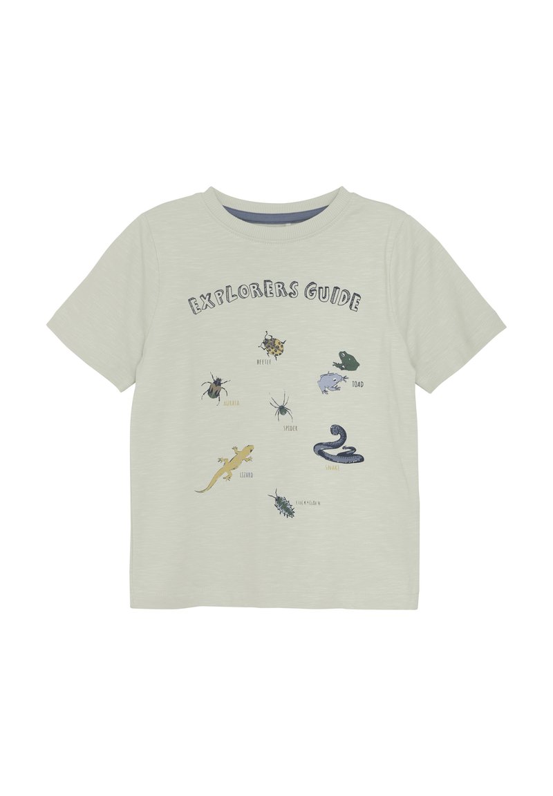 Lys grå t-shirt med teksten "Explorers Guide" og illustrerede insekter og krybdyr i forskellige farver, kortærmet og med rund hals.