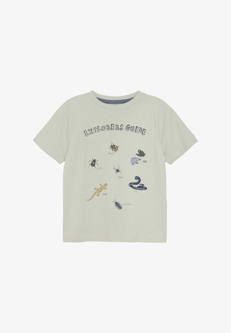 Helles graues T-Shirt mit dem Text "Entdeckungsleiter" und illustrierten Insekten und Reptilien in verschiedenen Farben, kurzen Ärmeln und einem Rundhalsausschnitt.