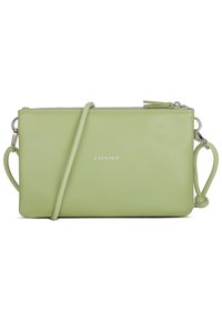 Green leather crossbody bag with a zip closure, flat rectangular shape, subtle branding, and an adjustable strap.