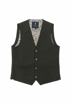 Dark gray wool vest with a V-neck, five-button front, and two side pockets. Inner lining features a floral pattern in bright colors.